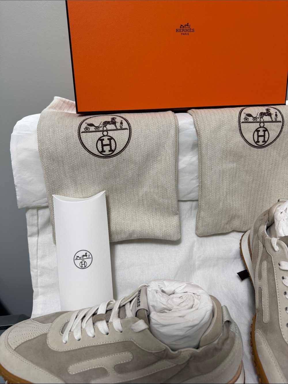 Hermes Beige and Gum Sole Suede Lace-Up Sneakers - Picture 9 of 10